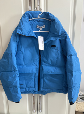 国货美家正品女羽绒服冬季蓝色胸前小印章宽松保暖立领短款面包服