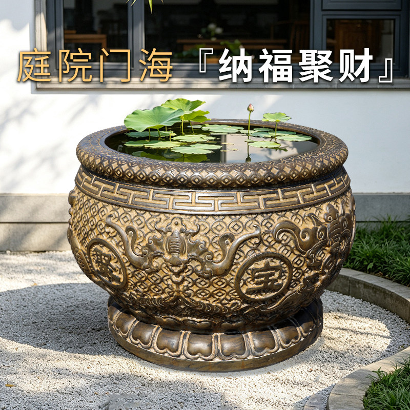 石雕鱼缸花盆天然青石聚宝盆圆形石缸养花养鱼装饰石缸水缸摆件