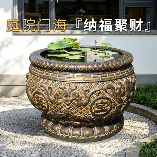 石雕鱼缸花盆天然青石聚宝盆圆形石缸养花养鱼装饰石缸水缸摆件