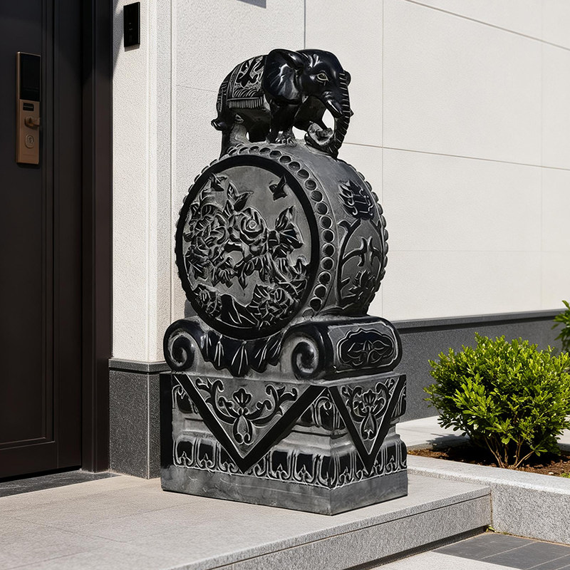 石雕门墩抱鼓石一对家用庭院麒麟青石小象摆件门口貔貅石墩石鼓