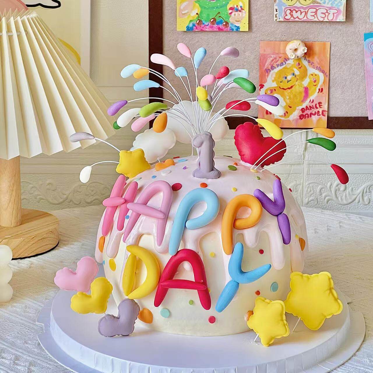 网红彩色礼花蛋糕装饰儿童男孩女孩周岁字母气球爱心烘焙翻糖模具