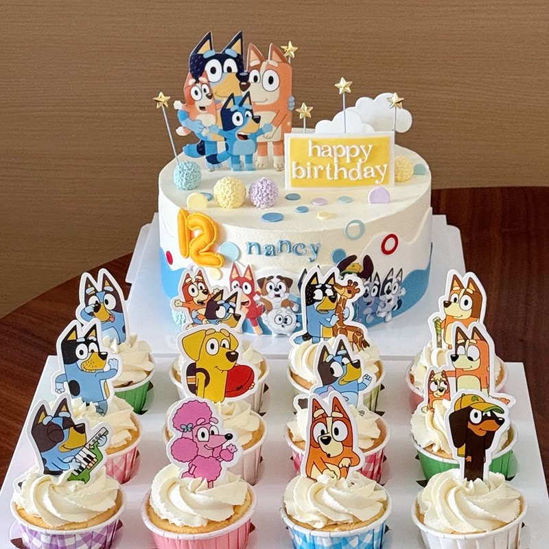卡通小狗布鲁伊蛋糕装饰插件彩色气球插牌儿童周岁生日烘焙配件