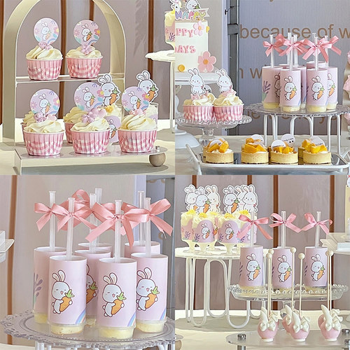 兔宝宝生日甜品台蛋糕装饰小兔子周岁推推乐贴纸布丁瓶插件插牌