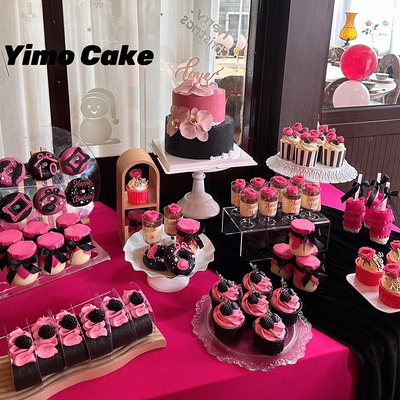 甜酷风黑玫粉色婚礼甜品台装饰