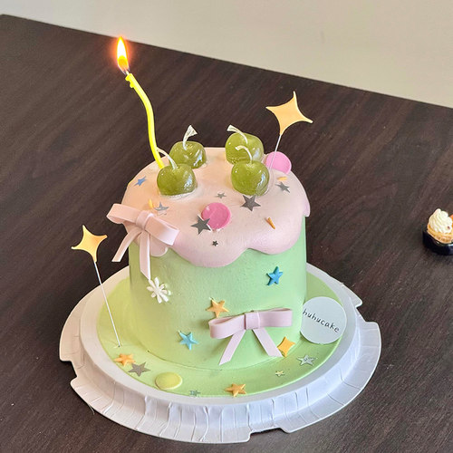 ins粉绿撞色蝴蝶结生日蛋糕装饰清新青提少女心星星亮片蜡烛装扮