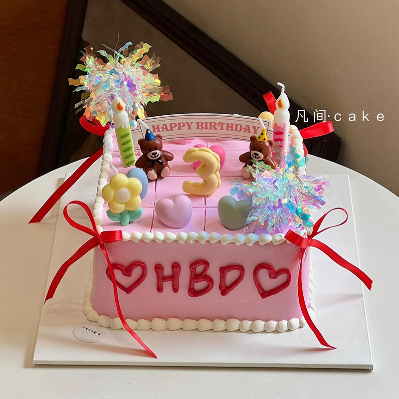 韩国HBD粉色方形小熊蛋糕装饰卡通派对小熊花朵蜡烛插件雨丝插件