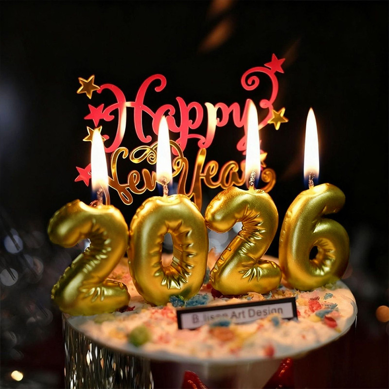 2026新年快乐跨年蛋糕装饰马年除夕气球数字蜡烛蝴蝶结装扮插件