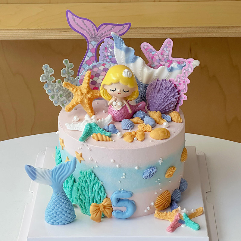 美人鱼蛋糕装饰大鱼尾海星贝壳硅胶模具海洋系列女孩生日烘焙摆件