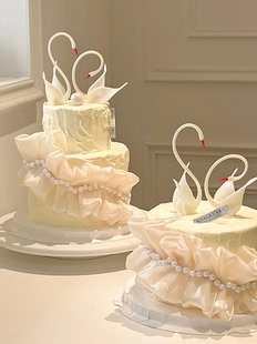 214情人节蛋糕装 告白创意插件 饰软胶白天鹅黑天鹅摆件网红情侣款