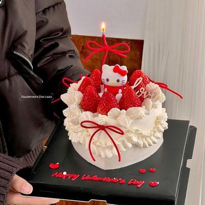 214情人节心形蛋糕装饰抱爱心kt猫摆件情侣表白告白木质love插件