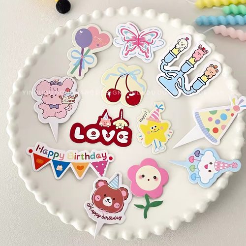 新款韩式ins蛋糕插卡 可爱多巴胺卡通小熊小花樱桃烛台甜品插卡