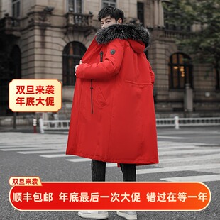 派克服男中长款冬新款加绒加厚大毛领皮毛一体大码红色鹅绒羽绒服