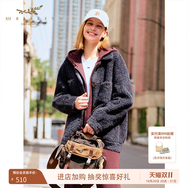 十二篮复古仿皮毛一体羊毛外套