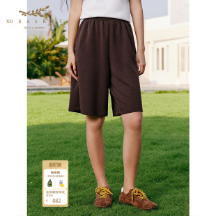 咖啡色 休闲百搭短裤 十二篮26夏新款 莱赛尔复古高腰松紧A字五分裤