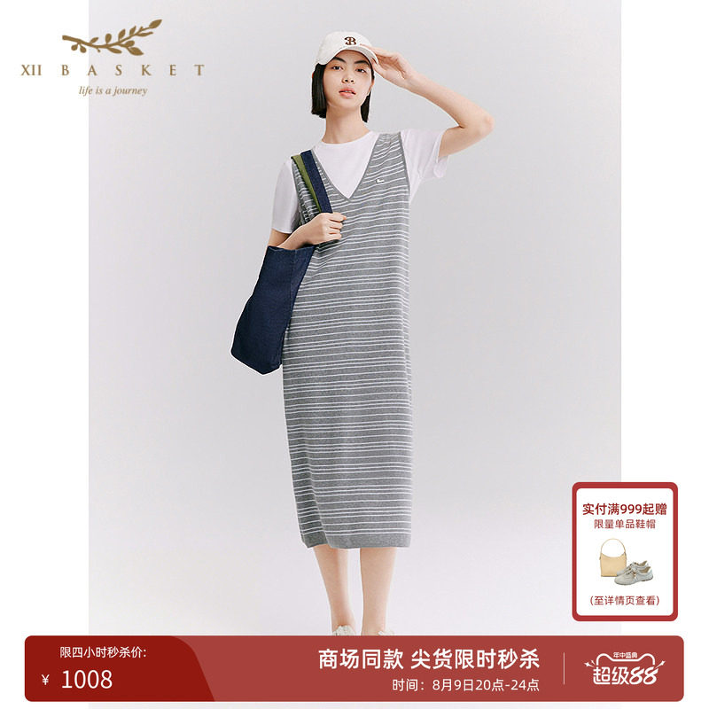 十二篮V领无袖条纹连衣裙