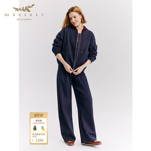 立体剪裁松弛廓形百搭显瘦裤 十二篮26春新款 藏蓝绵羊毛长裤