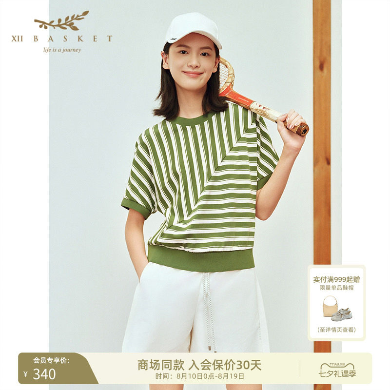 十二篮凉感圆领条纹T恤针织衫