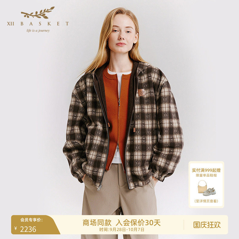 十二篮双面可穿格纹连帽拉链外套