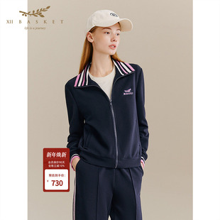 十二篮25冬新款 藏蓝设计感翻领外套舒适运动风条纹设计休闲上衣