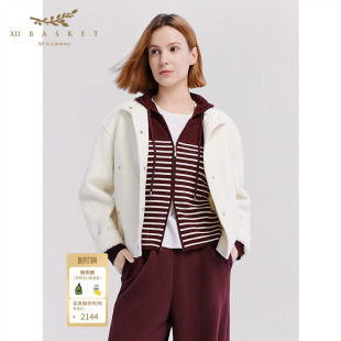 十二篮26春新款 廓形暖春轻奢夹克 米白绵羊毛立领外套经典