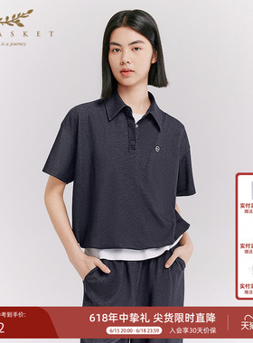 十二篮26夏新款宽松polo领短袖上衣简约百搭户外运动T恤女藏蓝