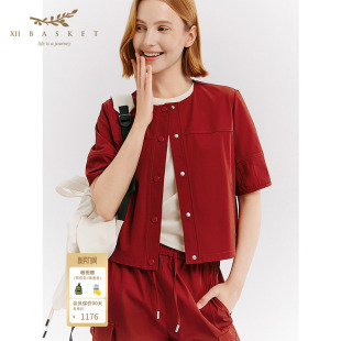 小外套女短袖 风短款 上衣休闲百搭枣红色 复古工装 十二篮26春新款
