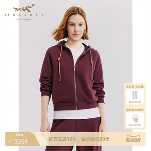 十二篮26春新款连帽卫衣短款加厚廓形显白显瘦百搭酒红运动外套女