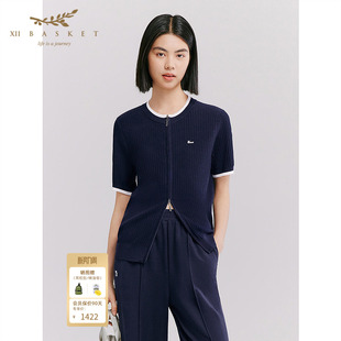 清爽休闲上衣藏蓝 针织衫 十二篮26夏新款 镂空凉感透气正肩撞色短袖