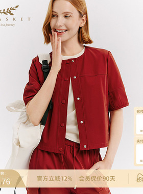 十二篮26春新款复古工装风短款小外套女短袖上衣休闲百搭枣红色