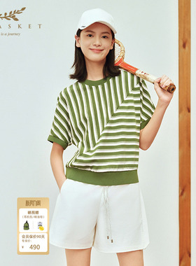 十二篮夏季休闲圆领条纹凉感透气T恤美式宽松短袖针织衫女绿色