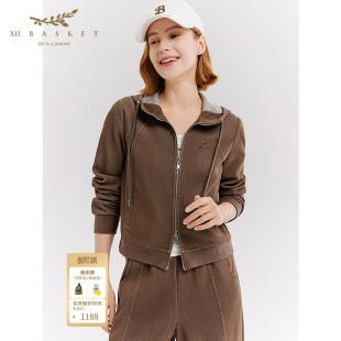 十二篮26春新款 连帽户外休闲外套正肩显瘦驼色女 棉质运动卫衣短款
