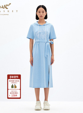 XII BASKET十二篮春季斗鱼印花系带收腰微蓝色开叉卫衣裙女