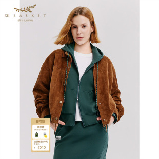 设计时尚 外套绒感经典 棕色 复古翻领羊皮夹克女短款 十二篮26春新款