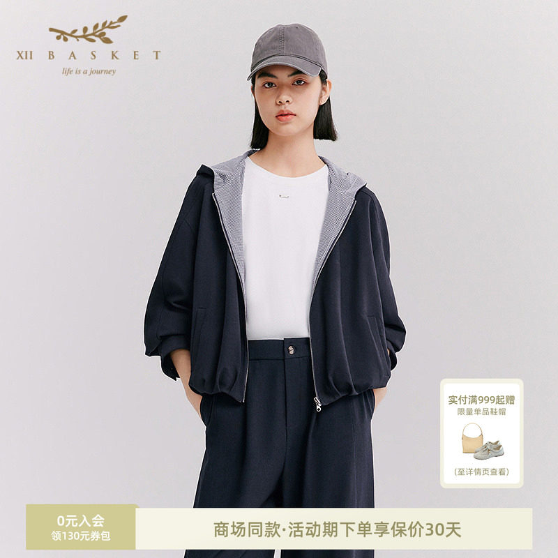 十二篮26秋新款连帽拉链短款休闲卫衣外套运动户外上衣女藏蓝