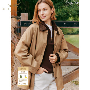 十二篮26春新款 宽松廓形通勤 复古巴恩风撞色翻领风衣外套中长款