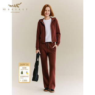 XII BASKET十二篮秋季红褐色复古100%羊毛修身高腰微喇裤女