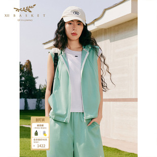十二篮26夏新款 宽松连帽马甲女户外休闲运动上衣 显白薄荷绿短款