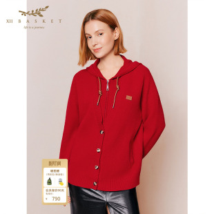 十二篮冬季 女设计感拉链毛衣外套中国红 绵羊毛连帽针织开衫