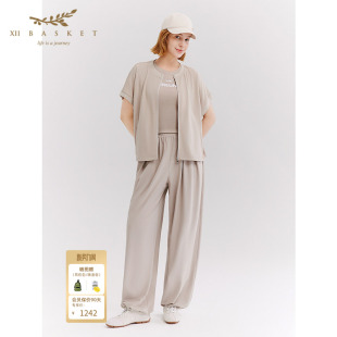 松紧腰松弛感休闲裤 女宽松阔腿裤 卡其 透气山本裤 十二篮26夏新款