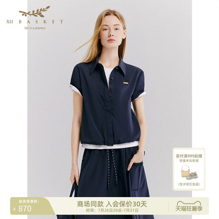 十二篮26夏新款老钱风短袖衬衫短款抽绳翻领休闲运动上衣女藏蓝