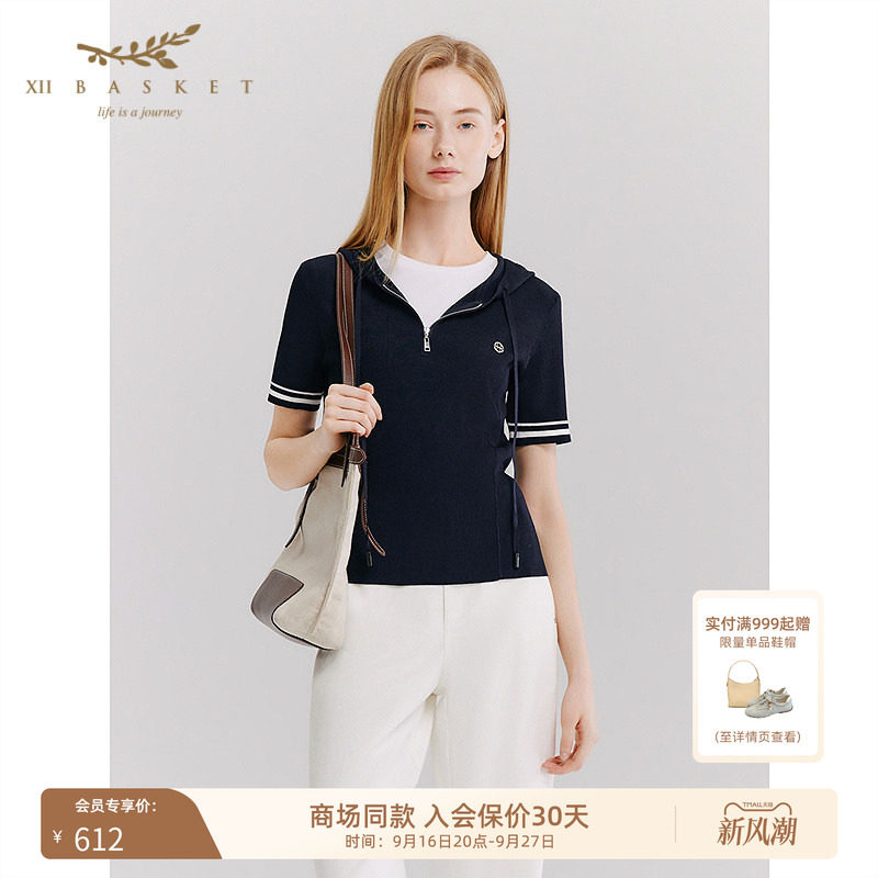 十二篮连帽竖坑条休闲针织衫