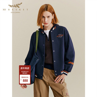 复古休闲藏蓝色宽松棒球服外套女 美式 XII BASKET十二篮25秋新款