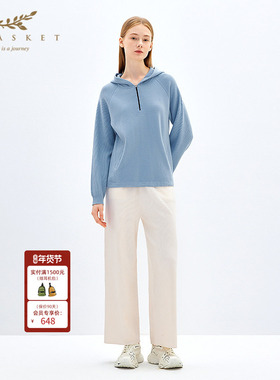 XII BASKET十二篮商场同款秋款时尚运动连帽长袖冰河蓝针织卫衣女
