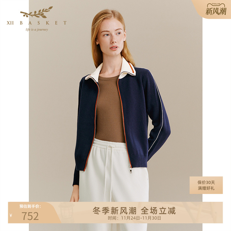 十二篮藏蓝色拉链毛针织衫上衣