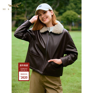 十二篮专选25冬新款 摩登巴恩风羊皮羽绒服夹克外套女休闲百搭