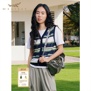 十二篮26夏新款 上衣 复古条纹轻薄针织马甲女撞色V领百搭空调衫