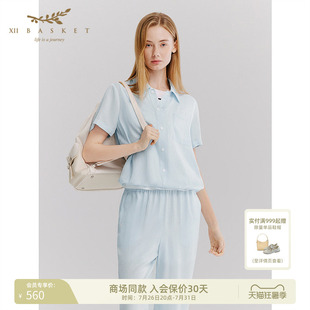 十二篮26夏新款100%醋酸轻薄翻领短袖衬衫上衣休闲通勤女浅蓝