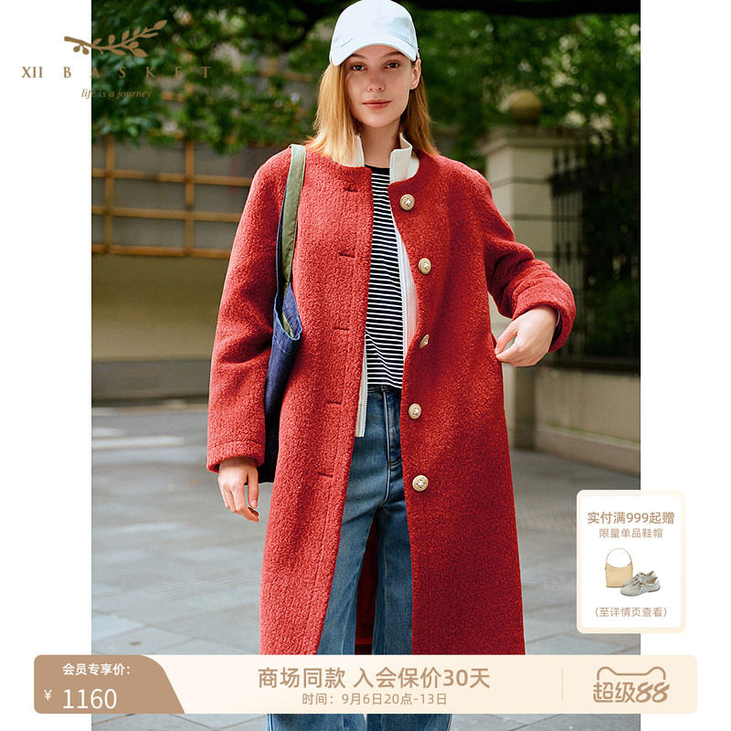 十二篮毛毛外套颗粒绒大衣女休闲通勤保暖中长款中国红冬季