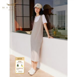 十二篮26夏新款 直筒通勤休闲氛围感简约连衣裙浅卡其 轻薄U领无袖