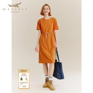 十二篮专选秋季 户外山系宽松橘色圆领异材质拼接抽绳连衣裙女